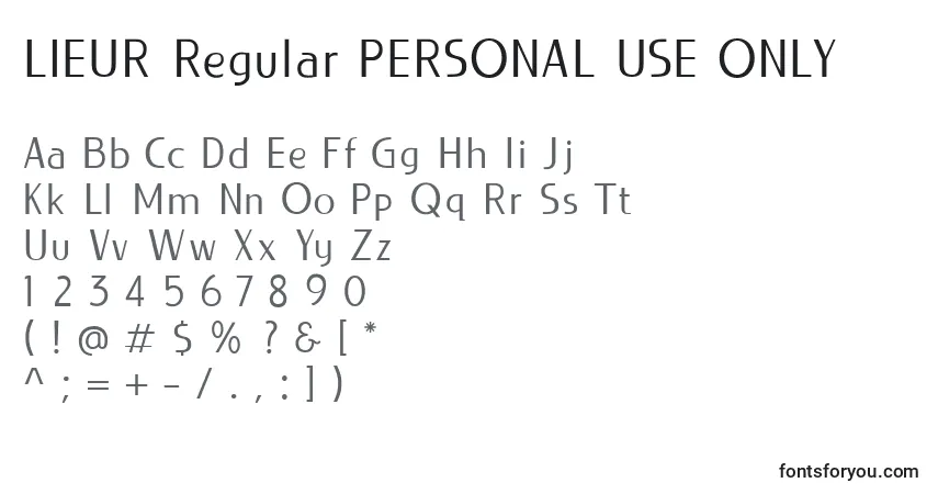 A fonte LIEUR Regular PERSONAL USE ONLY (132567) – alfabeto, números, caracteres especiais