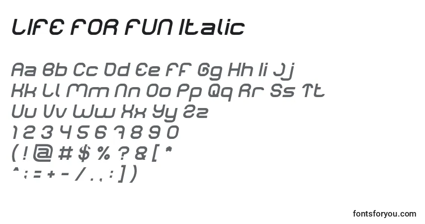Czcionka LIFE FOR FUN Italic – alfabet, cyfry, specjalne znaki