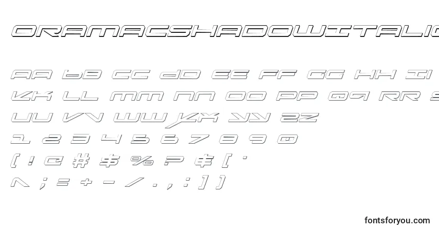 Шрифт OramacShadowItalic – алфавит, цифры, специальные символы