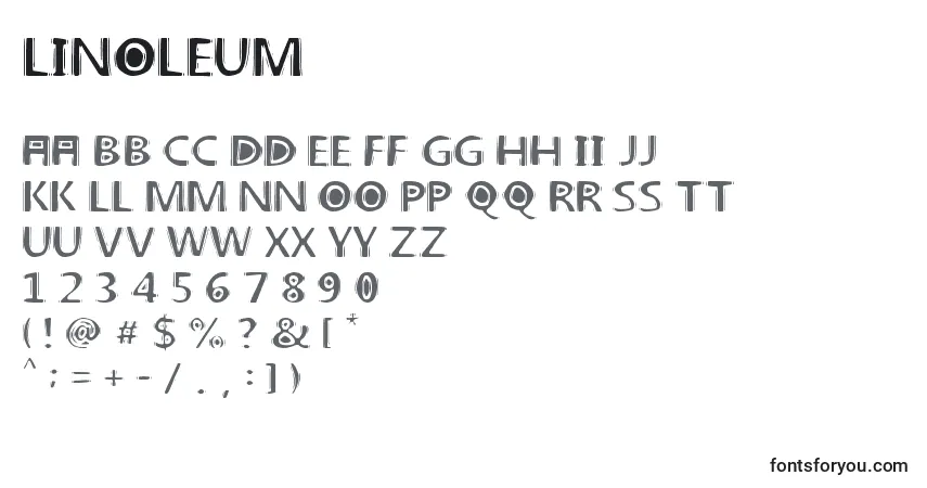 Czcionka Linoleum – alfabet, cyfry, specjalne znaki