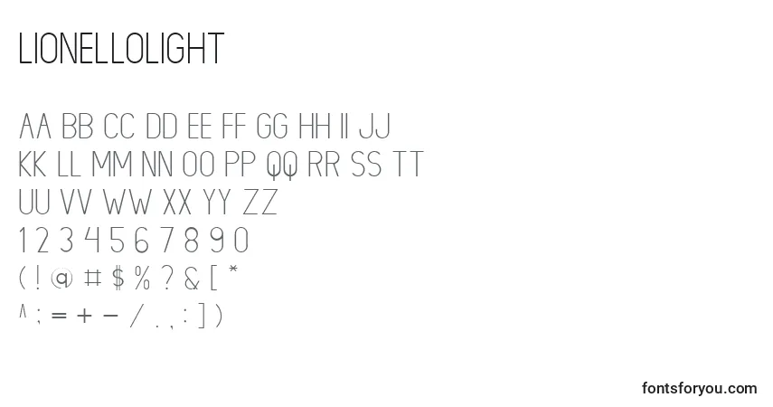 Czcionka LIONELLOLight – alfabet, cyfry, specjalne znaki