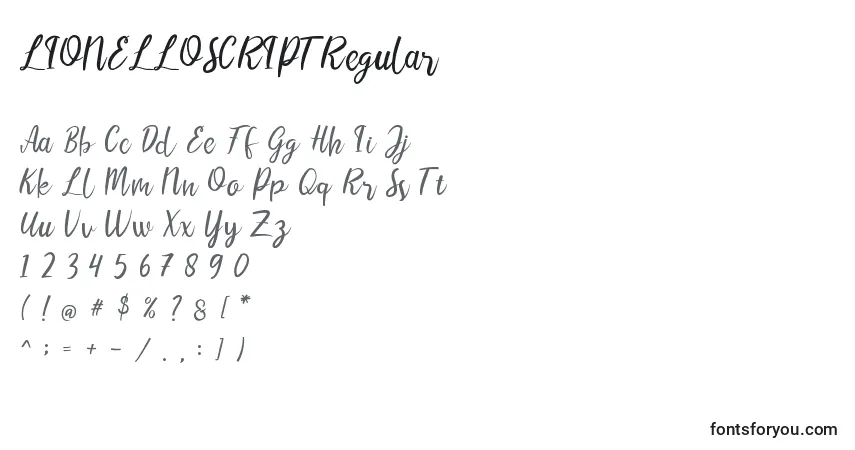Fuente LIONELLOSCRIPTRegular - alfabeto, números, caracteres especiales