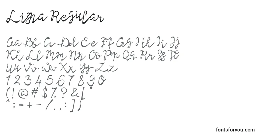 Schriftart Lisna Regular (132669) – Alphabet, Zahlen, spezielle Symbole