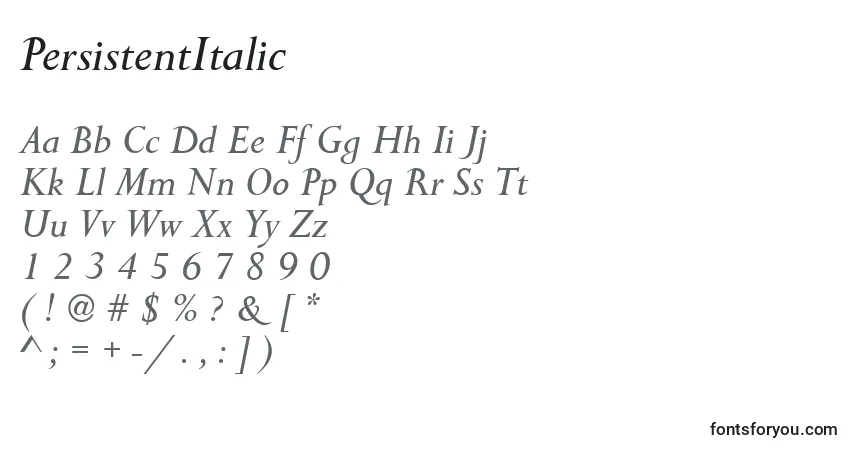 A fonte PersistentItalic – alfabeto, números, caracteres especiais