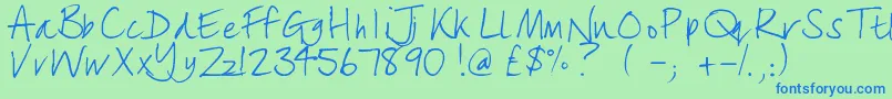 フォントlizzielongstocking – 青い文字は緑の背景です。