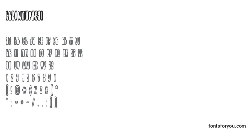 A fonte Thrownupreal – alfabeto, números, caracteres especiais