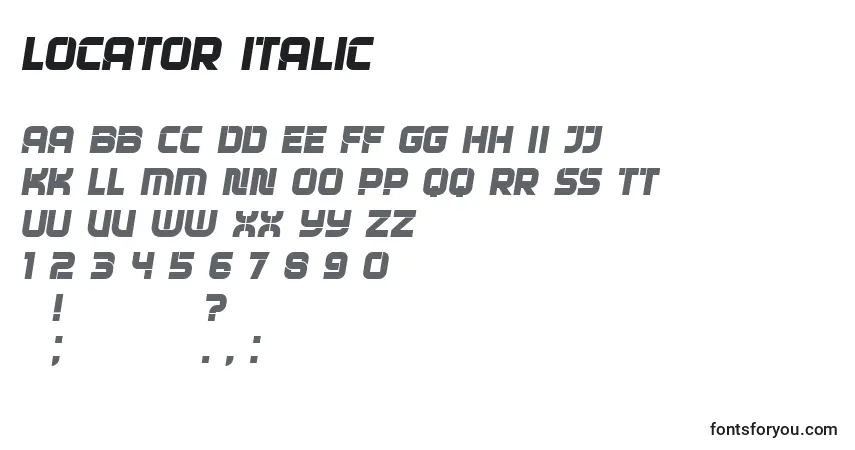 Шрифт Locator Italic – алфавит, цифры, специальные символы