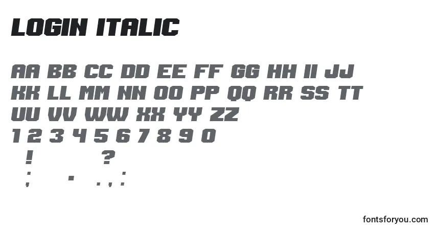 Schriftart Login Italic – Alphabet, Zahlen, spezielle Symbole