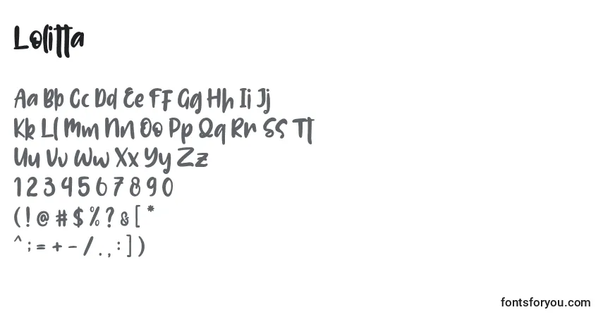 Czcionka Lolitta – alfabet, cyfry, specjalne znaki