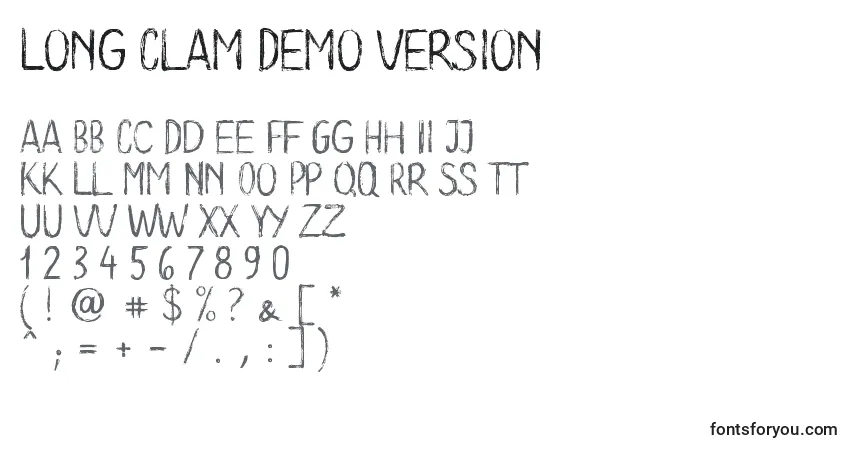 Czcionka Long Clam Demo Version – alfabet, cyfry, specjalne znaki