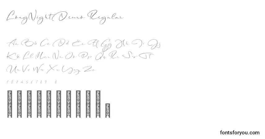 Шрифт LongNightDemo Regular – алфавит, цифры, специальные символы