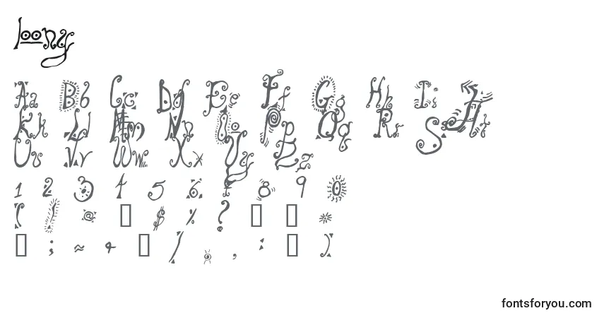 Schriftart Loony (132871) – Alphabet, Zahlen, spezielle Symbole