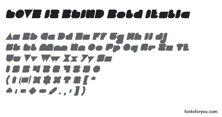 A fonte LOVE IS BLIND Bold Italic – alfabeto, números, caracteres especiais