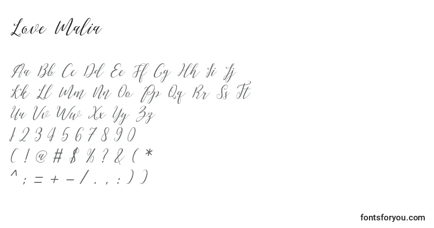 Czcionka Love Malia – alfabet, cyfry, specjalne znaki