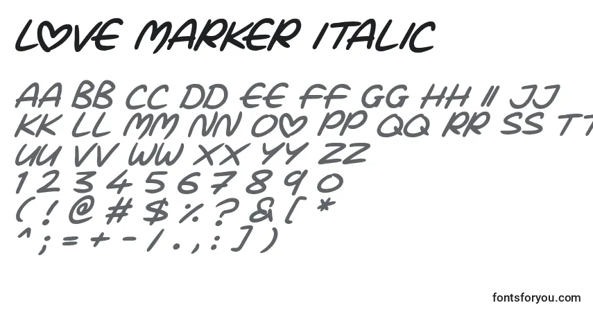 Шрифт Love Marker Italic – алфавит, цифры, специальные символы