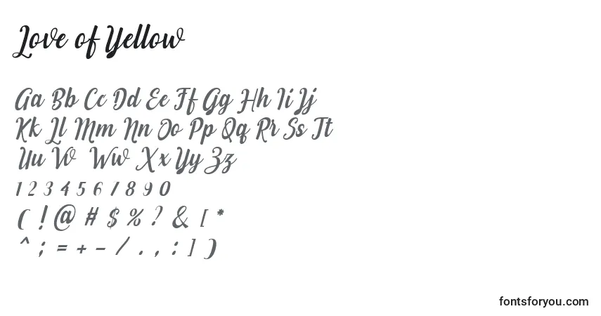 Schriftart Love of Yellow (132993) – Alphabet, Zahlen, spezielle Symbole