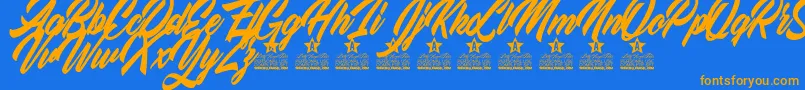 Weitere Informationen zur Love Strong Personal Use-Schriftart Love Strong Personal Use-Schriftart – Orangefarbene Schriften auf blauem Hintergrund