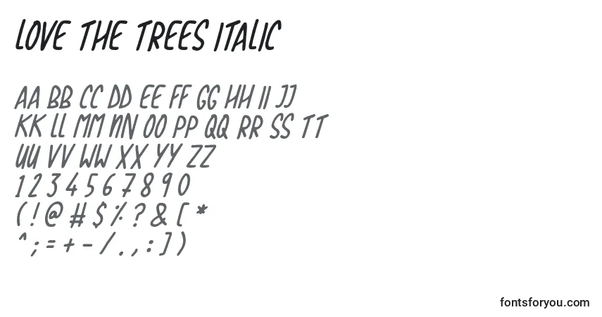 Czcionka Love The Trees Italic – alfabet, cyfry, specjalne znaki
