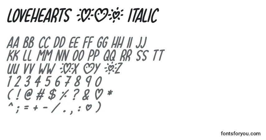 A fonte Lovehearts XYZ Italic – alfabeto, números, caracteres especiais