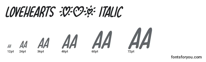 Tamanhos de fonte Lovehearts XYZ Italic
