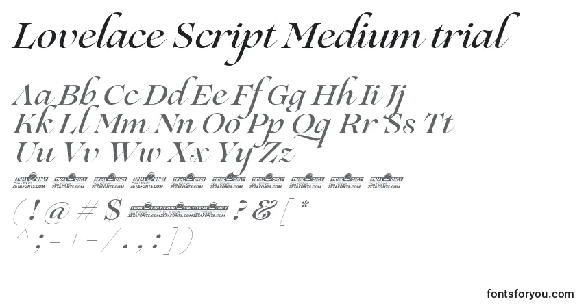 Шрифт Lovelace Script Medium trial – алфавит, цифры, специальные символы
