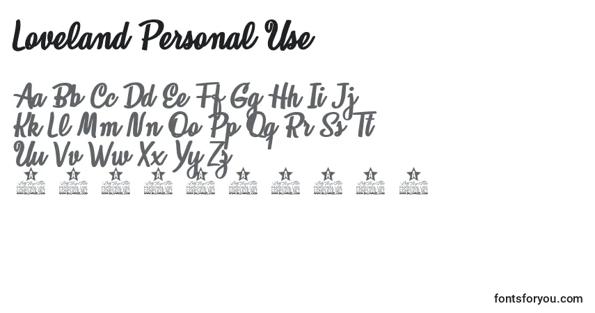 Schriftart Loveland Personal Use – Alphabet, Zahlen, spezielle Symbole
