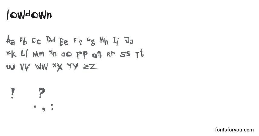 A fonte Lowdown (133058) – alfabeto, números, caracteres especiais