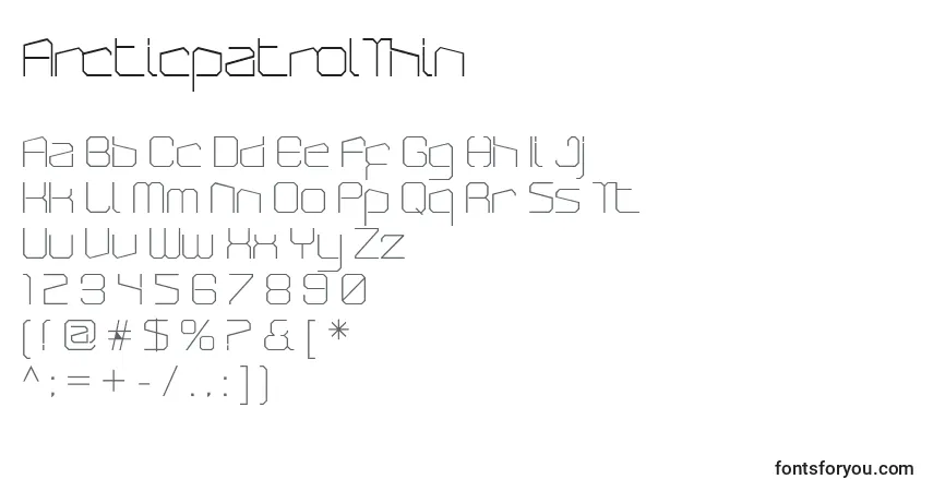 A fonte ArcticpatrolThin – alfabeto, números, caracteres especiais