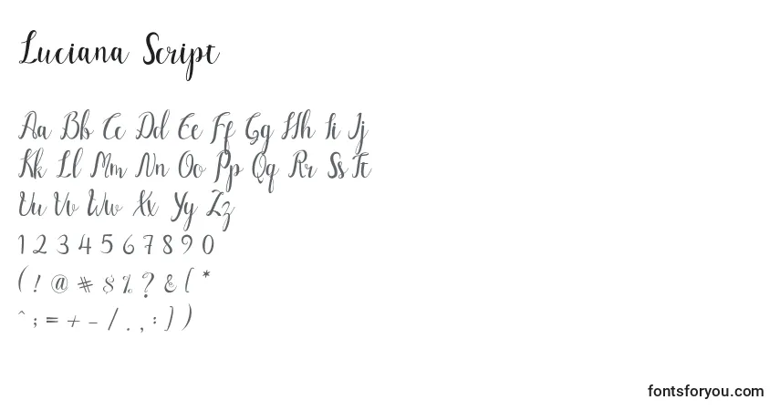 Шрифт Luciana Script – алфавит, цифры, специальные символы