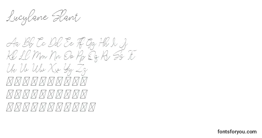 Schriftart Lucylane Slant (133097) – Alphabet, Zahlen, spezielle Symbole