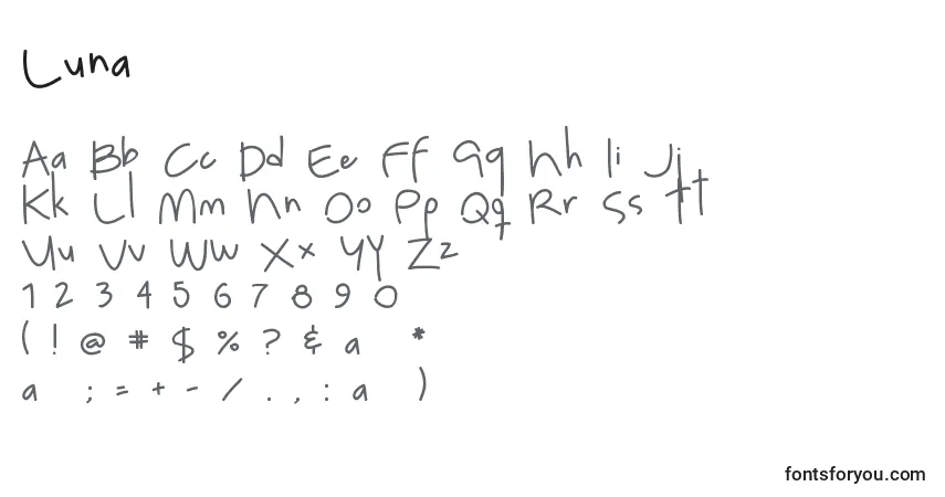 Schriftart Luna (133108) – Alphabet, Zahlen, spezielle Symbole