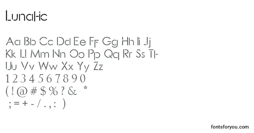 Schriftart Lunatic (133114) – Alphabet, Zahlen, spezielle Symbole
