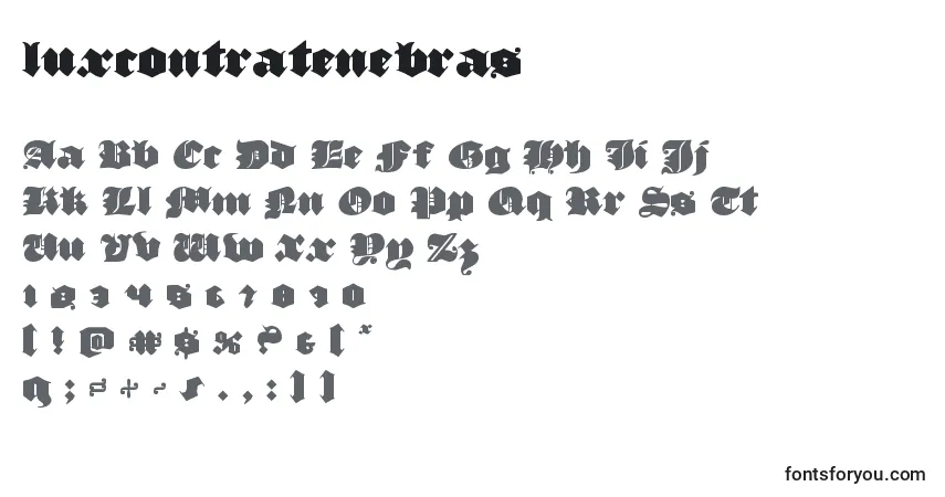 Czcionka Luxcontratenebras – alfabet, cyfry, specjalne znaki
