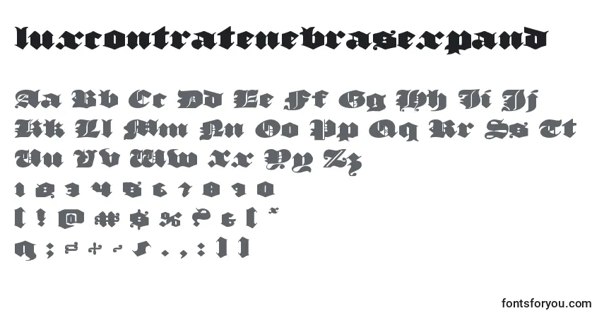 A fonte Luxcontratenebrasexpand – alfabeto, números, caracteres especiais