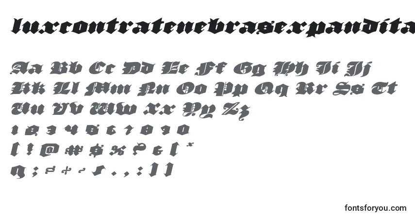 Schriftart Luxcontratenebrasexpandital – Alphabet, Zahlen, spezielle Symbole
