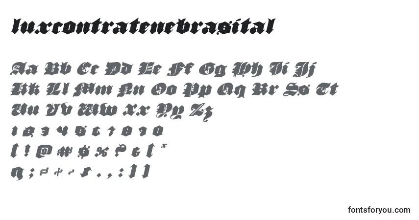 Czcionka Luxcontratenebrasital – alfabet, cyfry, specjalne znaki