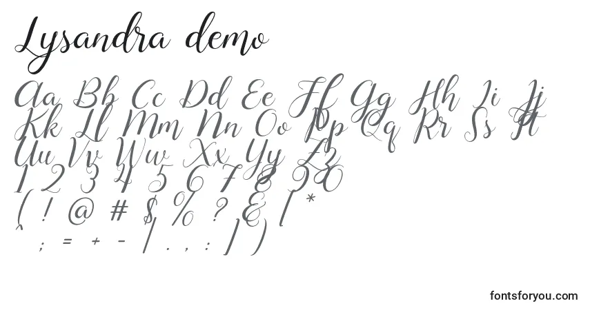 A fonte Lysandra demo – alfabeto, números, caracteres especiais