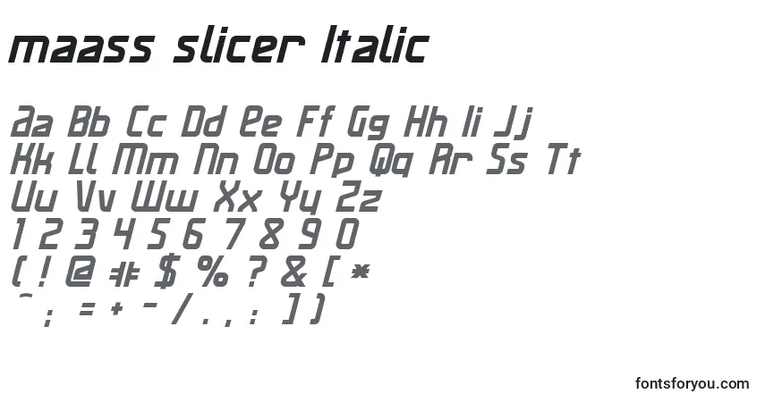 Schriftart Maass slicer Italic – Alphabet, Zahlen, spezielle Symbole