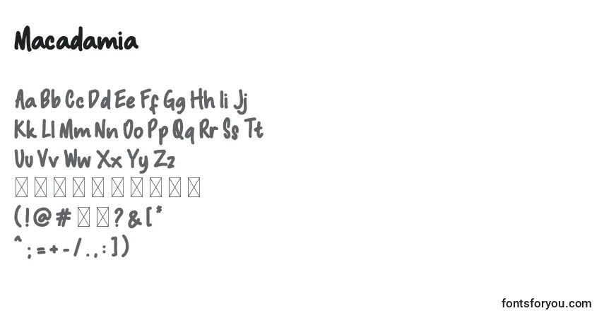 Czcionka Macadamia – alfabet, cyfry, specjalne znaki