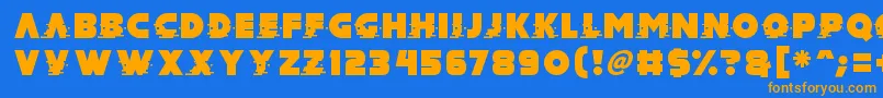 フォントMad Hacker – オレンジ色の文字が青い背景にあります。