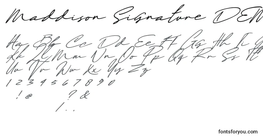 Czcionka Maddison Signature DEMO – alfabet, cyfry, specjalne znaki