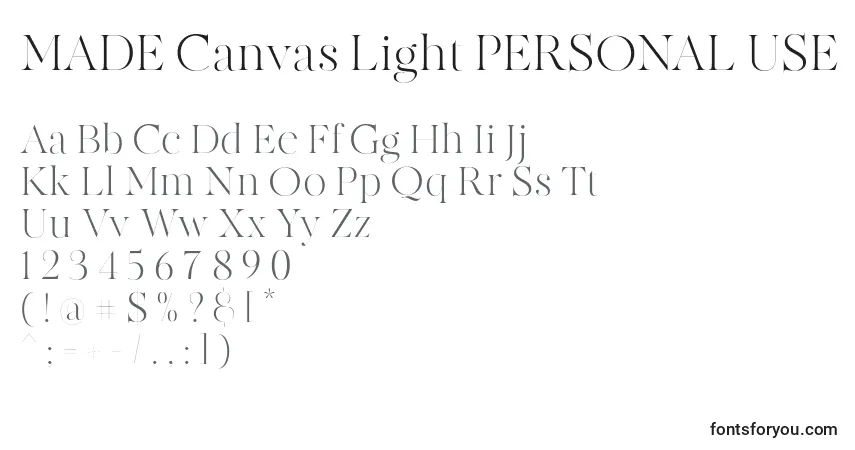 A fonte MADE Canvas Light PERSONAL USE – alfabeto, números, caracteres especiais