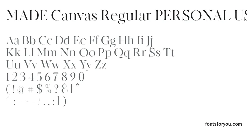 A fonte MADE Canvas Regular PERSONAL USE – alfabeto, números, caracteres especiais