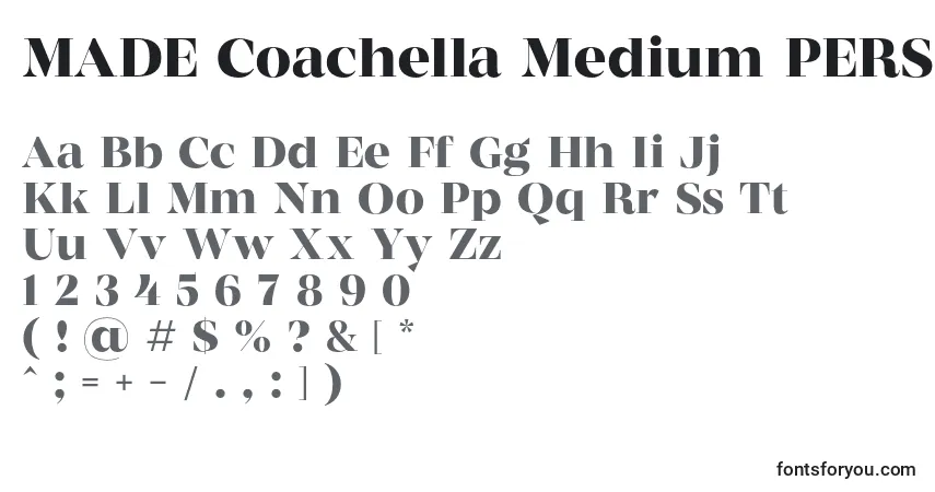 Schriftart MADE Coachella Medium PERSONAL USE – Alphabet, Zahlen, spezielle Symbole