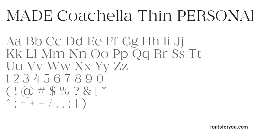 A fonte MADE Coachella Thin PERSONAL USE – alfabeto, números, caracteres especiais