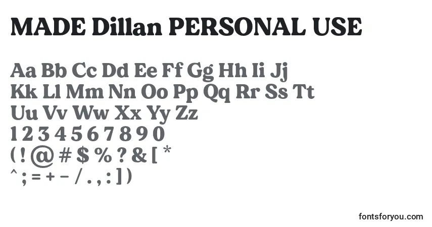 Schriftart MADE Dillan PERSONAL USE – Alphabet, Zahlen, spezielle Symbole