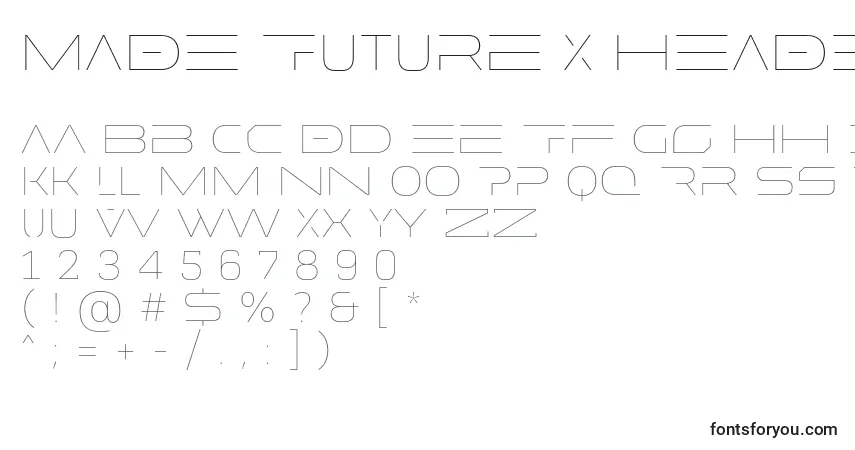 A fonte MADE Future X HEADER Line PERSONAL USE – alfabeto, números, caracteres especiais