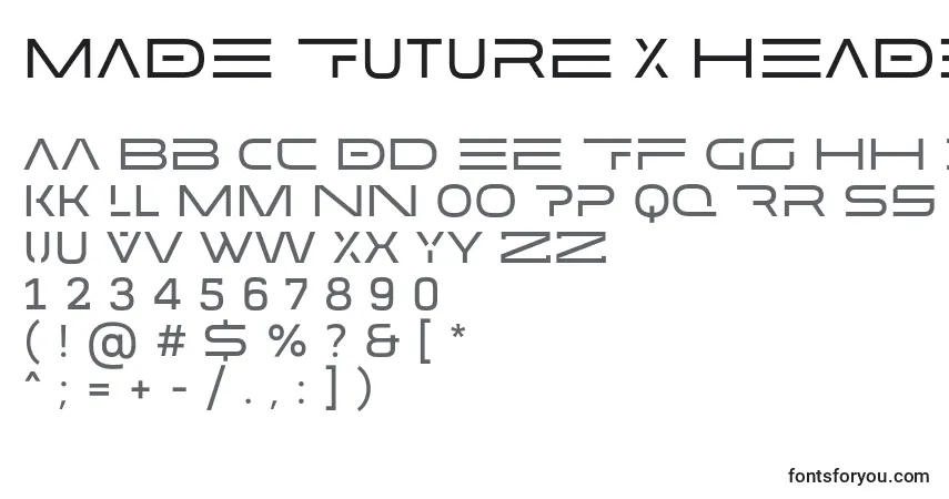 A fonte MADE Future X HEADER Regular PERSONAL USE – alfabeto, números, caracteres especiais
