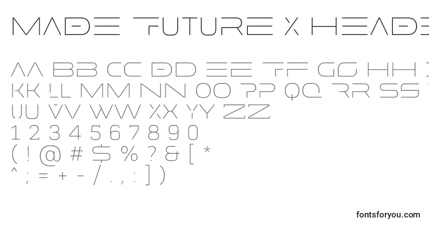 A fonte MADE Future X HEADER Thin PERSONAL USE – alfabeto, números, caracteres especiais