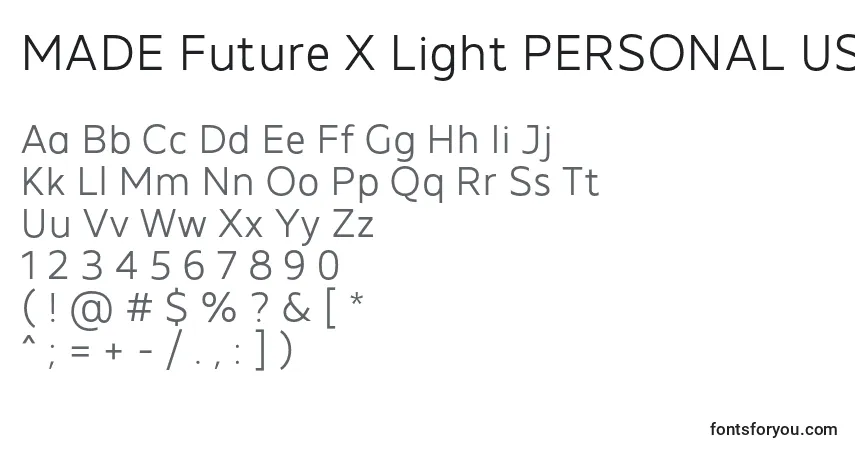 Schriftart MADE Future X Light PERSONAL USE – Alphabet, Zahlen, spezielle Symbole